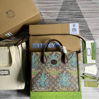 Gucci Tiger Print Medium Tote Bag in GG Supreme Canvas with Brown Leather