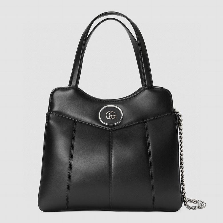 Gucci Petite GG Small Tote Bag in Black Leather with Silver Chain