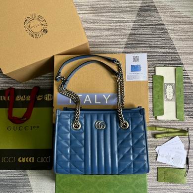 Gucci GG Marmont Small Tote Bag in Blue Matelassé Leather with Chain Straps