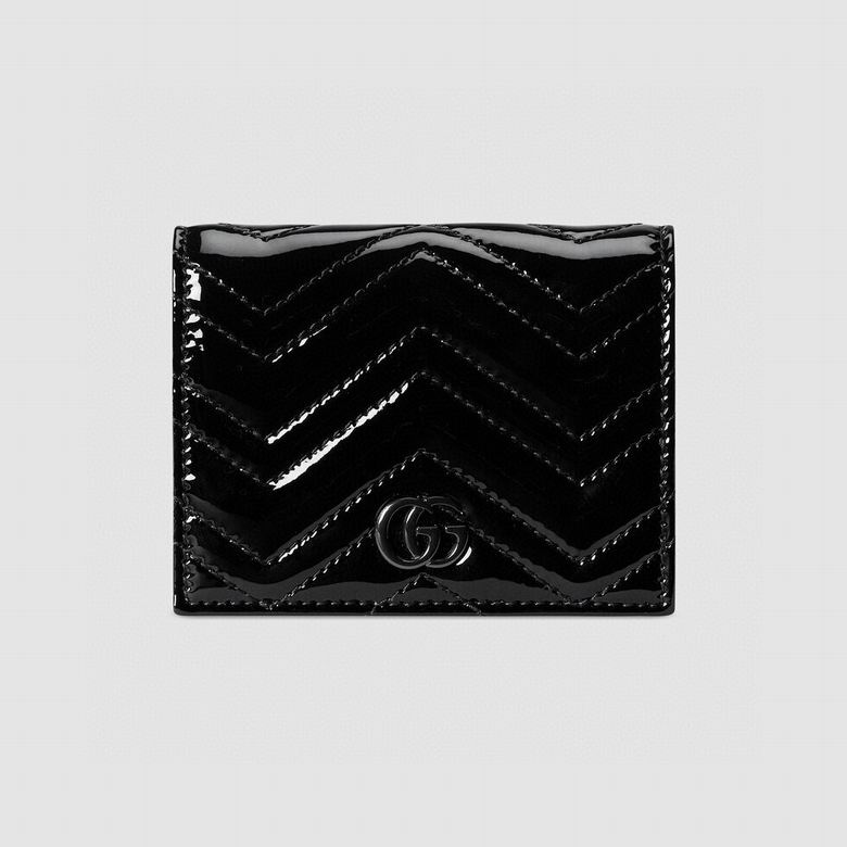 Gucci GG Marmont Bi-Fold Card Case Wallet in Black Patent Matelassé Leather