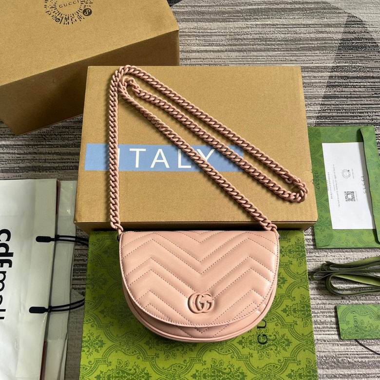 Gucci GG Marmont Half-Moon Mini Chain Bag in Pink Matelassé Leather