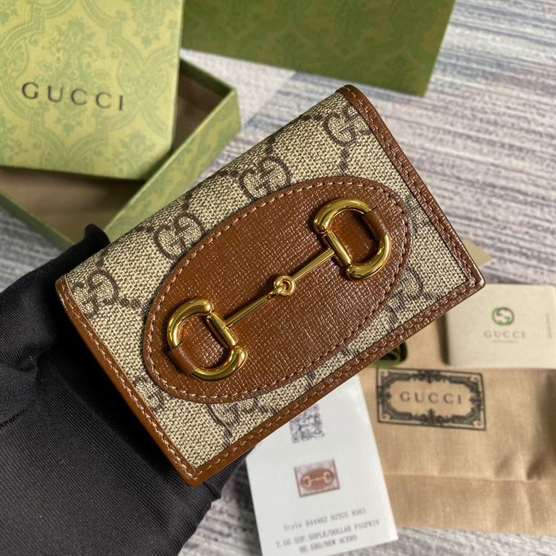 Gucci Horsebit 1955 Card Case Wallet in GG Supreme Canvas and Brown Leather