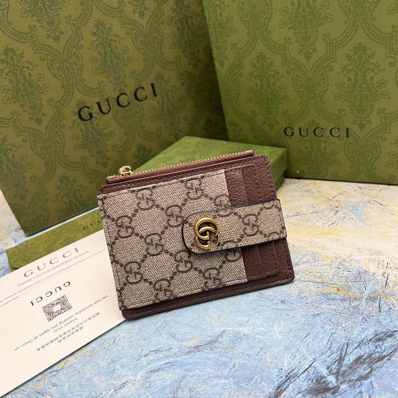 Gucci Ophidia GG Supreme Zip Card Case Wallet in Beige/Ebony with Brown Leather