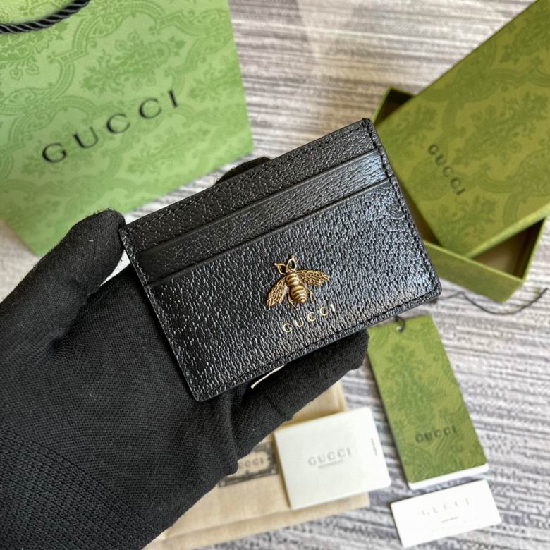 Gucci Animalier Bee Card Case Wallet in Black Grained Leather