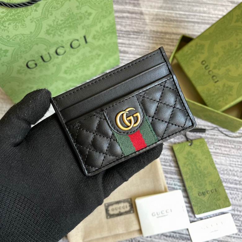 Gucci Double G Card Case Wallet in Black Quilted Leather with Web Stripe