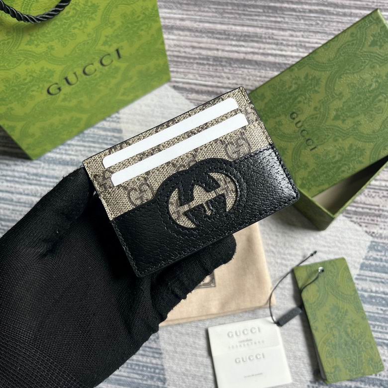 Gucci Interlocking G Card Case in GG Supreme Canvas and Black Leather
