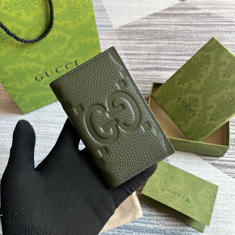 Gucci Jumbo GG Card Case Wallet in Olive Green Grained Leather