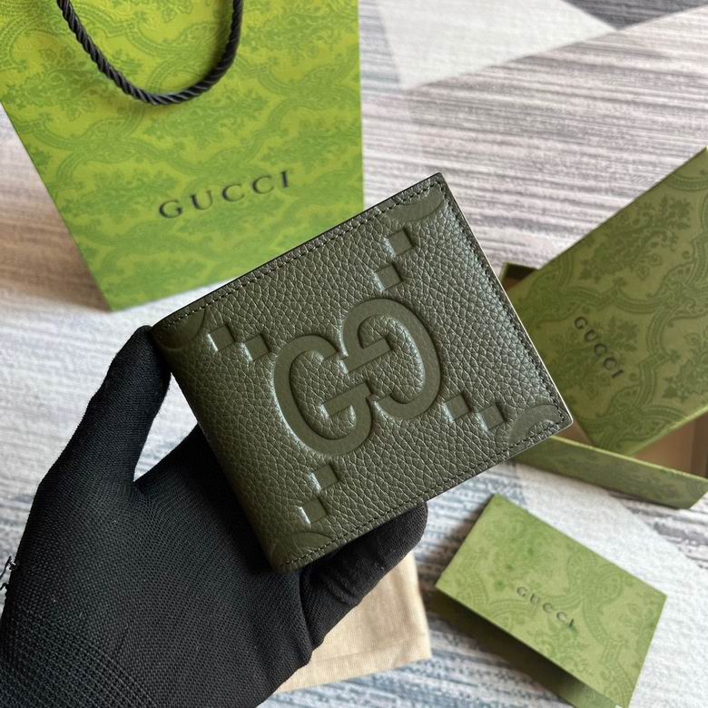 Gucci Jumbo GG Bi-Fold Wallet in Olive Green Embossed Leather