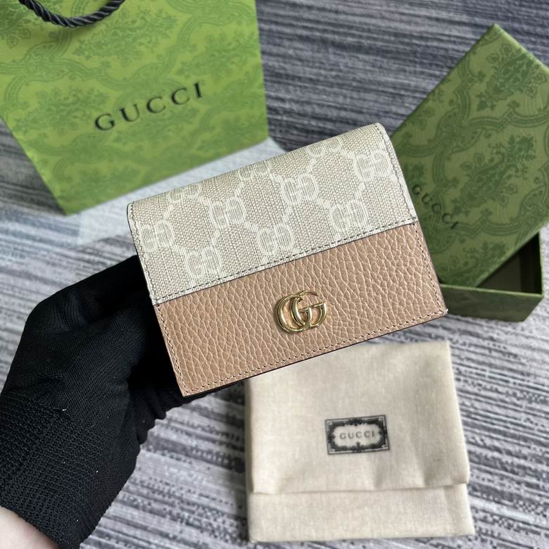 Gucci GG Marmont Card Case Wallet in Beige GG Supreme Canvas and Taupe Leather