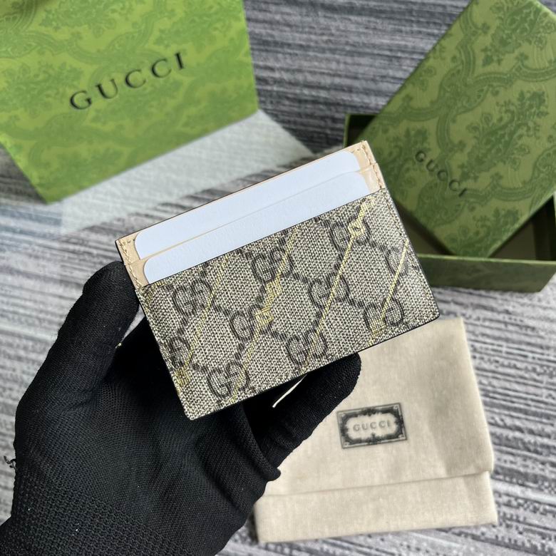 Gucci GG Supreme Card Case in Beige Ebony Canvas with Gold Lurex Stripes