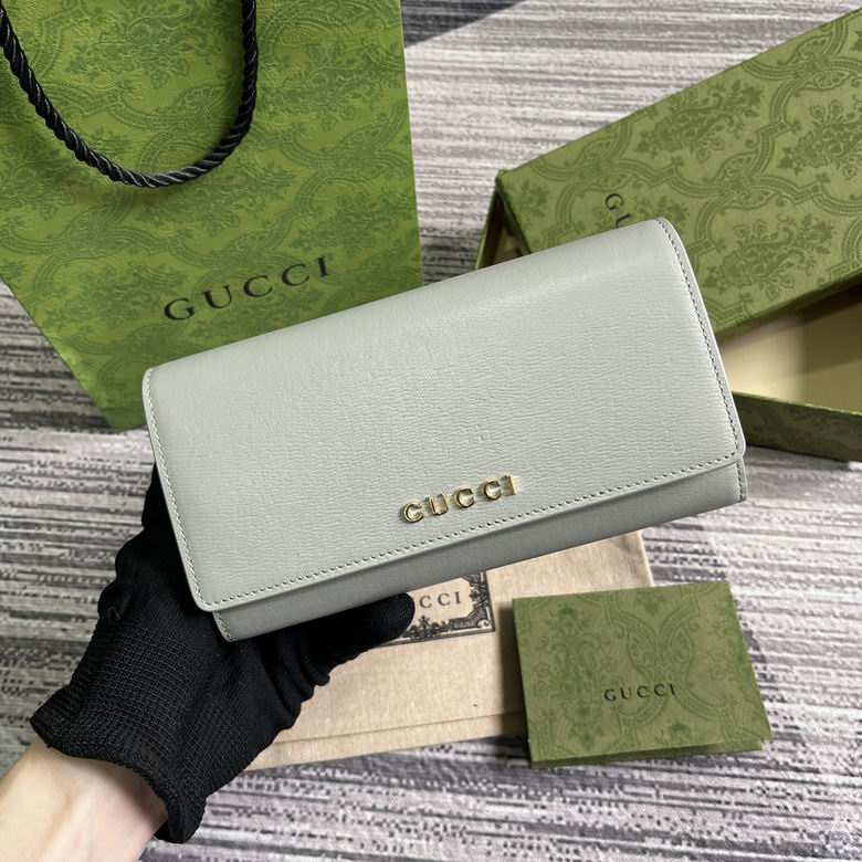 Gucci Script Continental Flap Wallet in Light Grey Leather with Gold Lettering