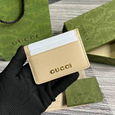 Gucci Script Card Case Wallet in Beige Leather with Gold-Tone Lettering