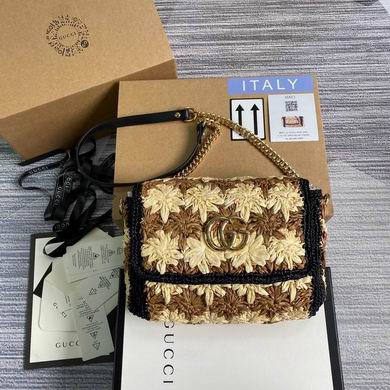 Gucci GG Marmont Small Shoulder Bag in Beige and Brown Crochet Raffia