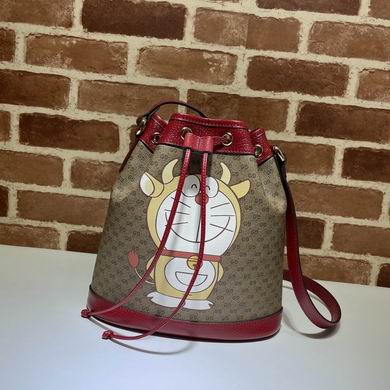 Gucci x Doraemon Bucket Bag in Mini GG Supreme Canvas with Red Leather Trim