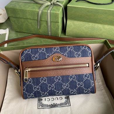 Gucci Ophidia Mini Shoulder Bag in Blue GG Denim with Brown Leather Trim