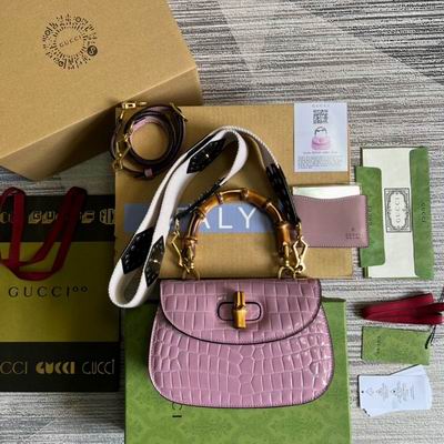 Gucci Bamboo 1947 Small Top-Handle Bag in Pink Croc-Effect Leather