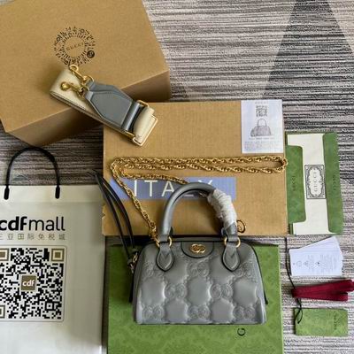 Gucci GG Matelassé Mini Top-Handle Bag in Grey Leather with Chain Strap