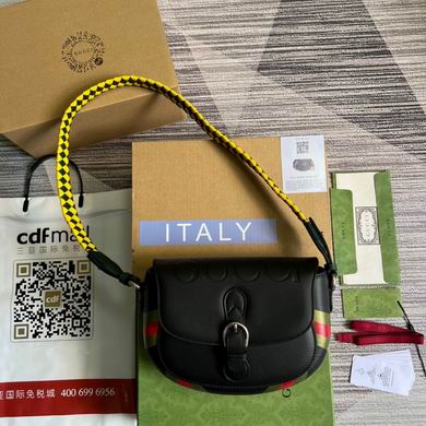 Gucci Aria Shoulder Bag in Black Leather with Woven Yellow Strap