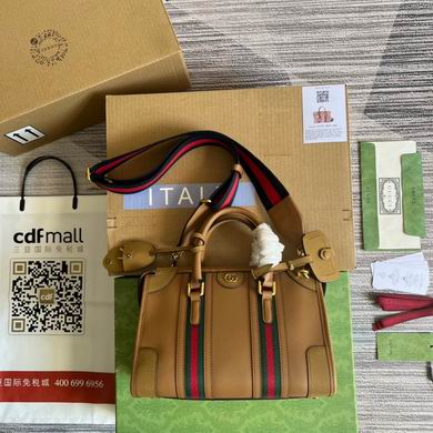 Gucci Bauletto Small Top-Handle Bag in Tan Leather with Web Stripe