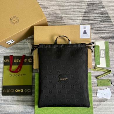 Gucci Off The Grid Drawstring Backpack in Black GG Nylon with Laundry Patch