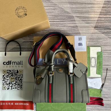 Gucci Bauletto Small Top-Handle Bag in Grey Leather with Web Stripe