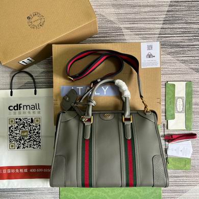 Gucci Bauletto Medium Top-Handle Bag in Grey Leather with Web Stripe