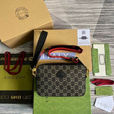 Gucci Small Shoulder Bag with Interlocking G in Black GG Denim and Red Strap