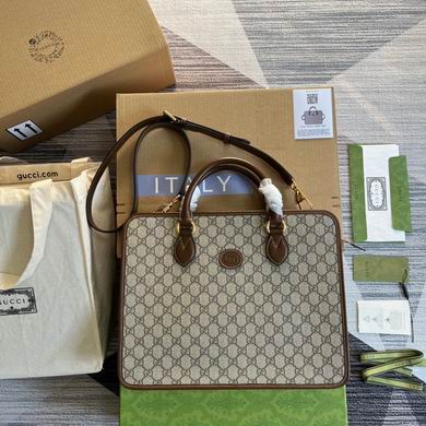 Gucci Top-Handle Briefcase in Beige/Ebony GG Supreme Canvas with Brown Leather