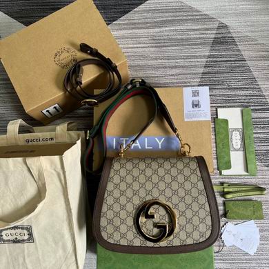 Gucci Blondie Top-Handle Shoulder Bag in Beige GG Supreme Canvas with Green