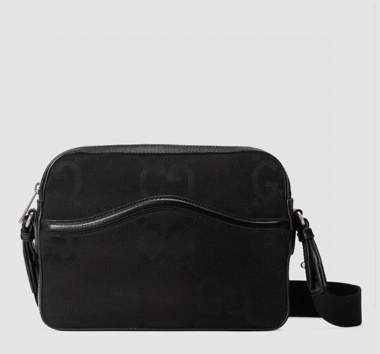 Gucci Jumbo GG Messenger Crossbody Bag in Black Canvas with Leather Trim