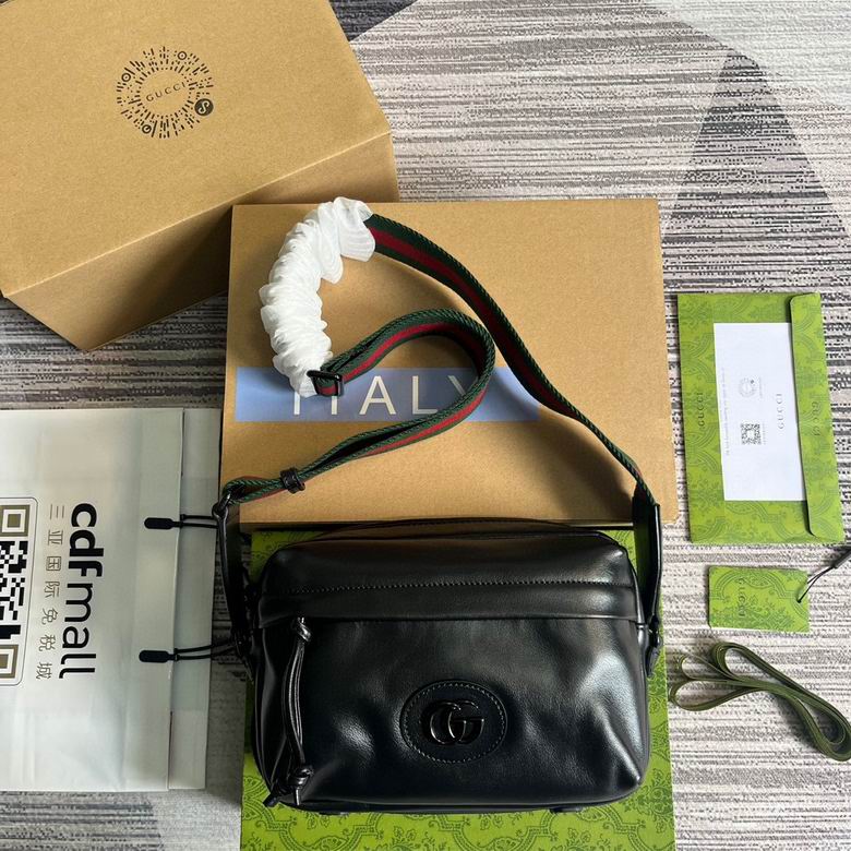 Gucci Double G Camera-Style Crossbody Bag in Black Leather with Web Strap