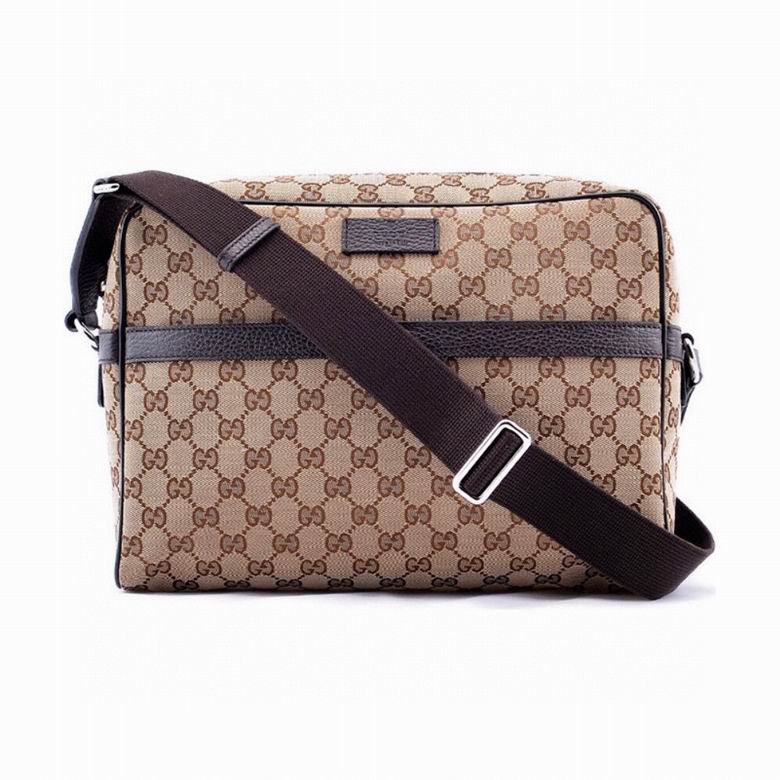 Gucci GG Canvas Messenger Crossbody Bag in Beige and Ebony with Brown Leather