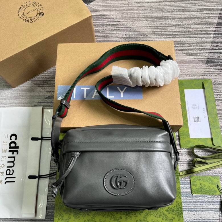 Gucci Small Messenger Bag with Double G and Web Strap in Grey Leather