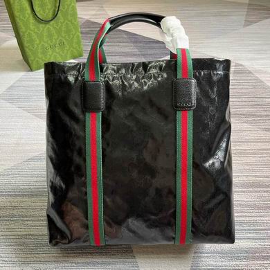 Gucci Large Tote Bag in Black GG Crystal Canvas with Green-Red Web Straps