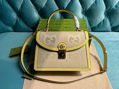 Gucci Ophidia Small Top-Handle Bag in Beige Jumbo GG Canvas with Yellow Trim