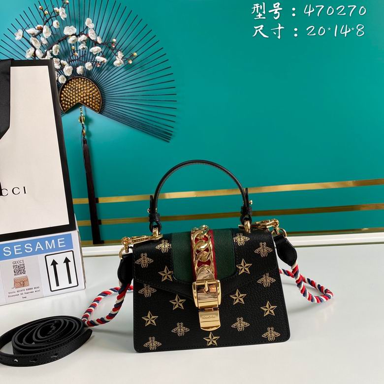 Gucci Sylvie Mini Top-Handle Bag in Black Leather with Bee and Star Print