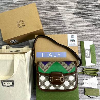 Gucci Horsebit 1955 Shoulder Bag in GG Supreme Canvas with Green Polka Dot Print