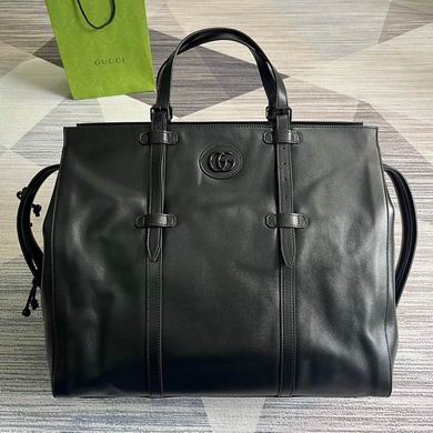 Gucci Double G Large Tote Bag with Belted Straps in Black Leather