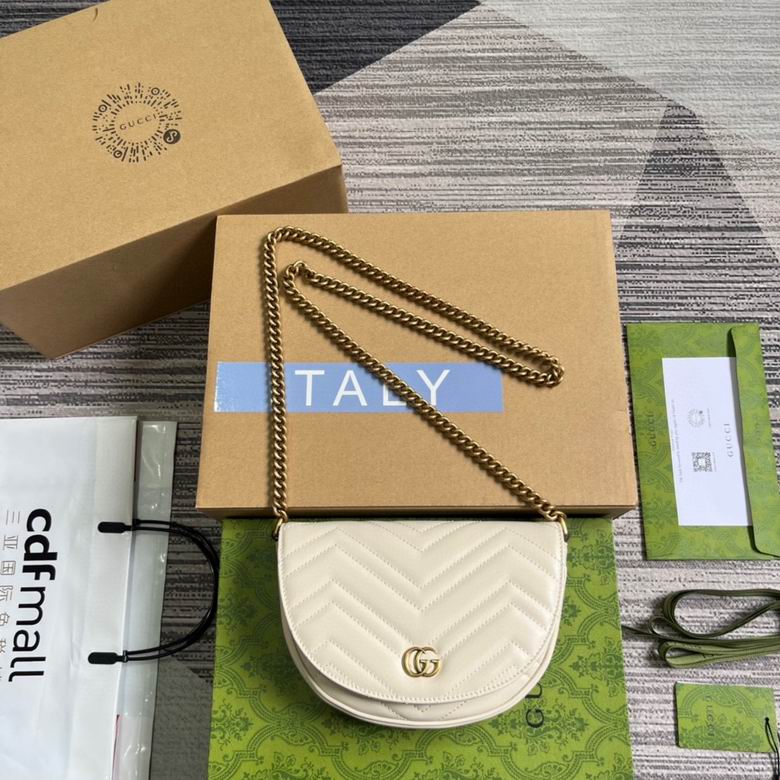 Gucci GG Marmont Half-Moon Mini Chain Bag in White Matelassé Leather