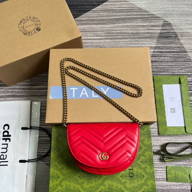 Gucci GG Marmont Mini Half-Moon Chain Shoulder Bag in Red Matelassé Leather
