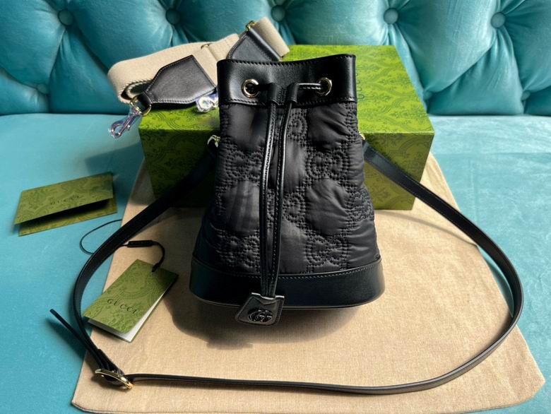 Gucci GG Matelassé Mini Bucket Bag in Black Quilted Nylon with Leather Trim