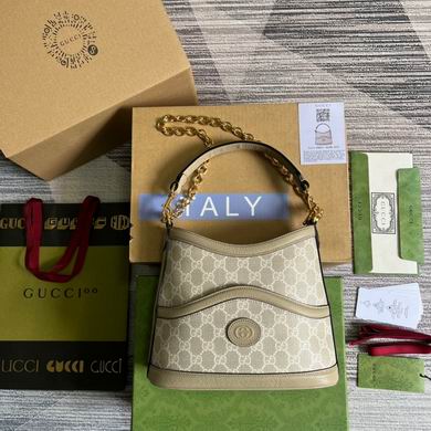 Gucci GG Supreme Canvas Shoulder Bag with Chain Handle in Beige, 25cm