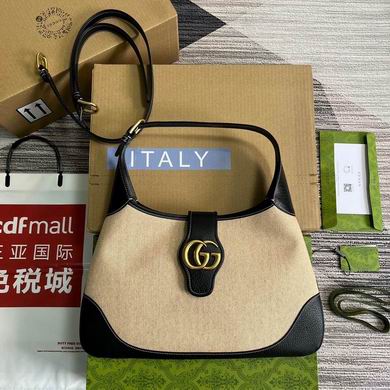 Gucci Aphrodite Large Shoulder Bag in Beige Canvas with Black Leather