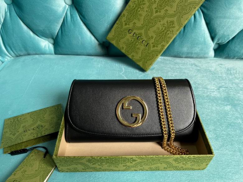 Gucci Blondie Chain Wallet Crossbody Bag in Black Leather with Gold Interlocking G