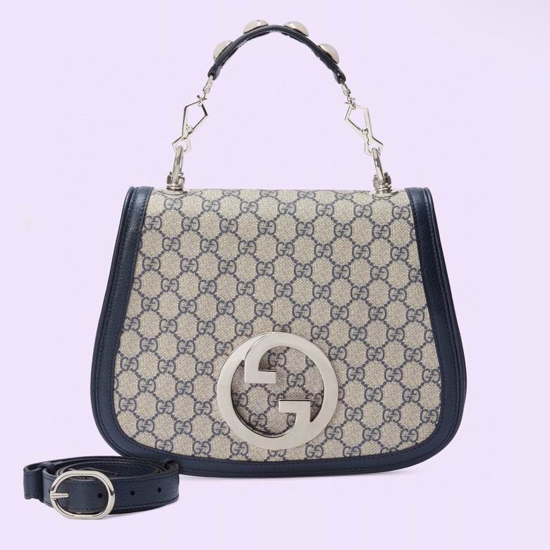 Gucci Blondie Top-Handle Bag in Beige/Blue GG Supreme Canvas with Navy Leather
