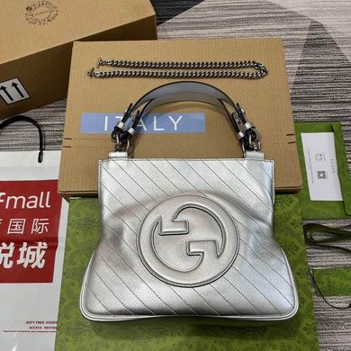 Gucci Blondie Small Top-Handle Bag with Chain Strap in Silver Metallic Leather