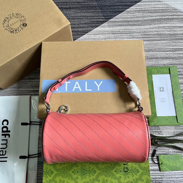 Gucci Blondie Small Barrel Shoulder Bag in Pink Diagonal-Stitched Leather