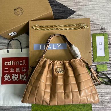 Gucci Deco Quilted Leather Shoulder Bag with Interlocking G in Camel