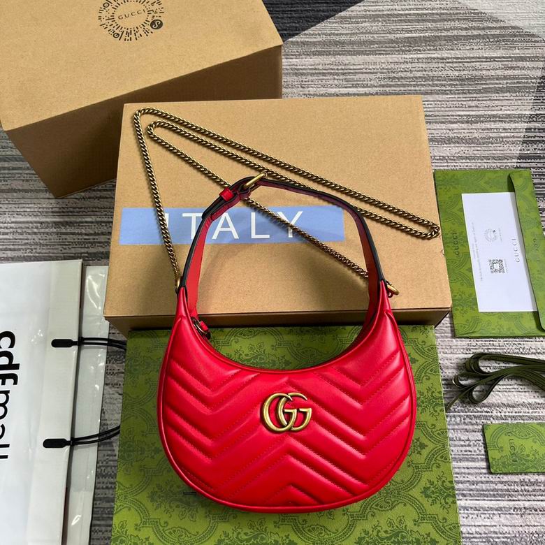 Gucci GG Marmont Mini Half-Moon Shoulder Bag in Red Matelassé Leather