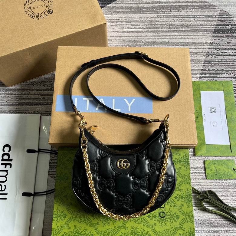 Gucci GG Matelassé Small Half-Moon Shoulder Bag in Black Quilted Leather